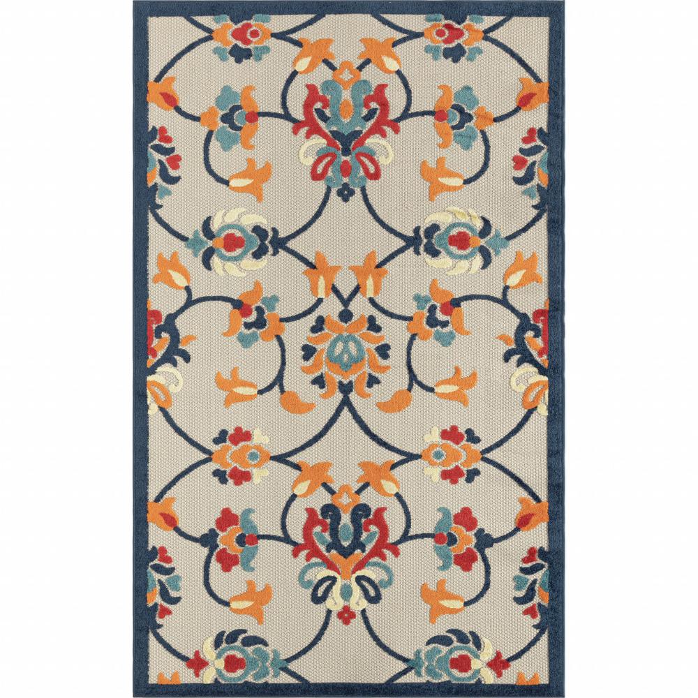 5' X 8' Blue And Orange Floral Non Skid Indoor Outdoor Area Rug. Picture 1