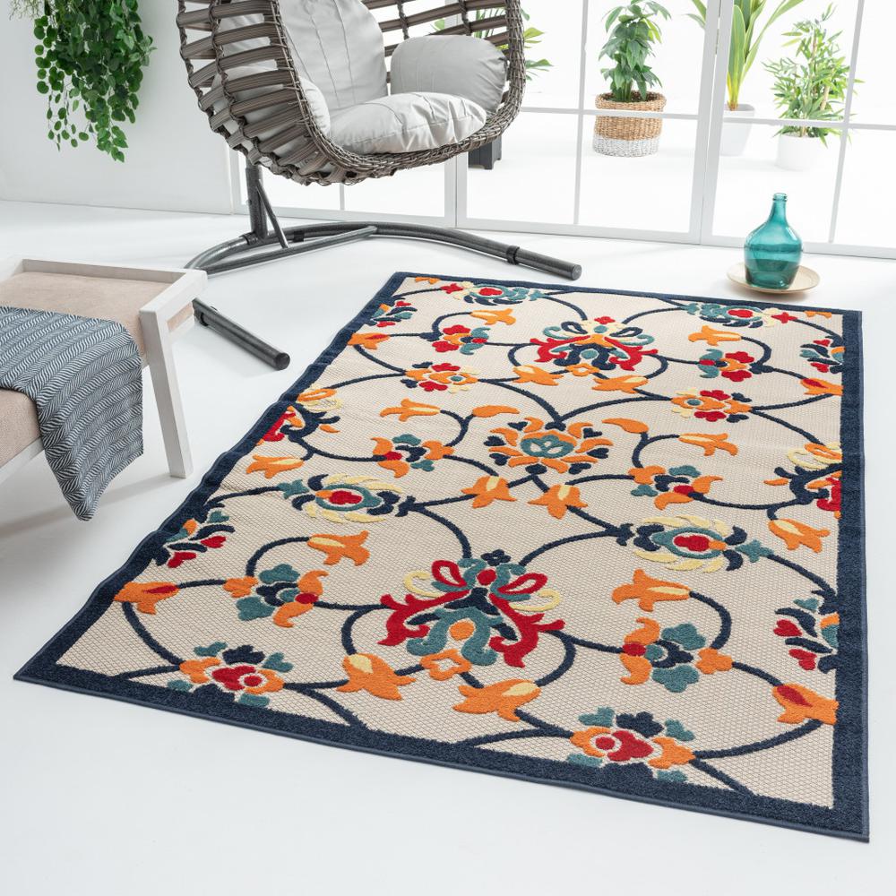 5' X 8' Blue And Orange Floral Non Skid Indoor Outdoor Area Rug. Picture 8