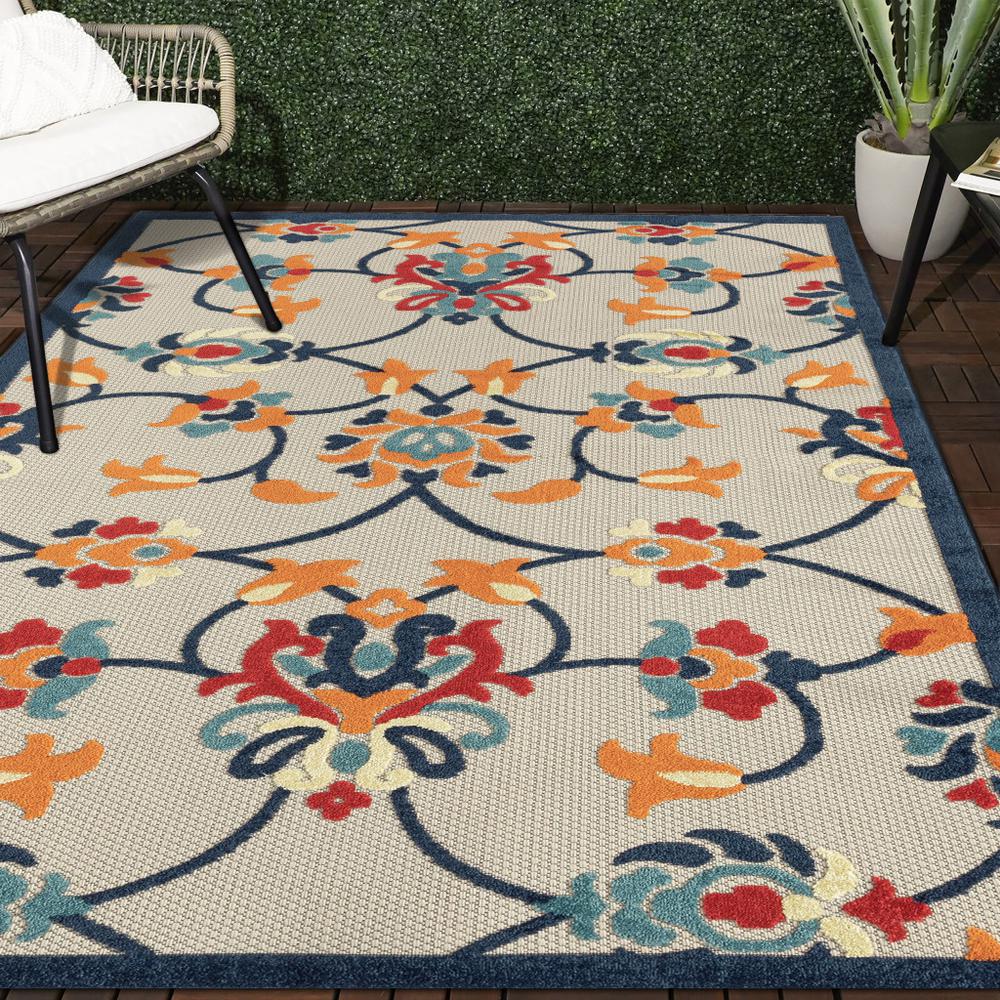 5' X 8' Blue And Orange Floral Non Skid Indoor Outdoor Area Rug. Picture 9