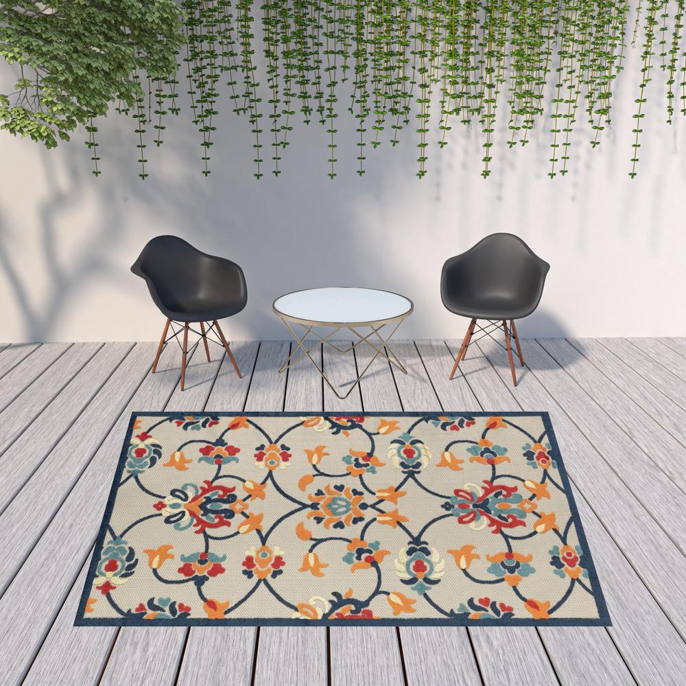 8' X 10' Blue And Orange Floral Non Skid Indoor Outdoor Area Rug. Picture 2