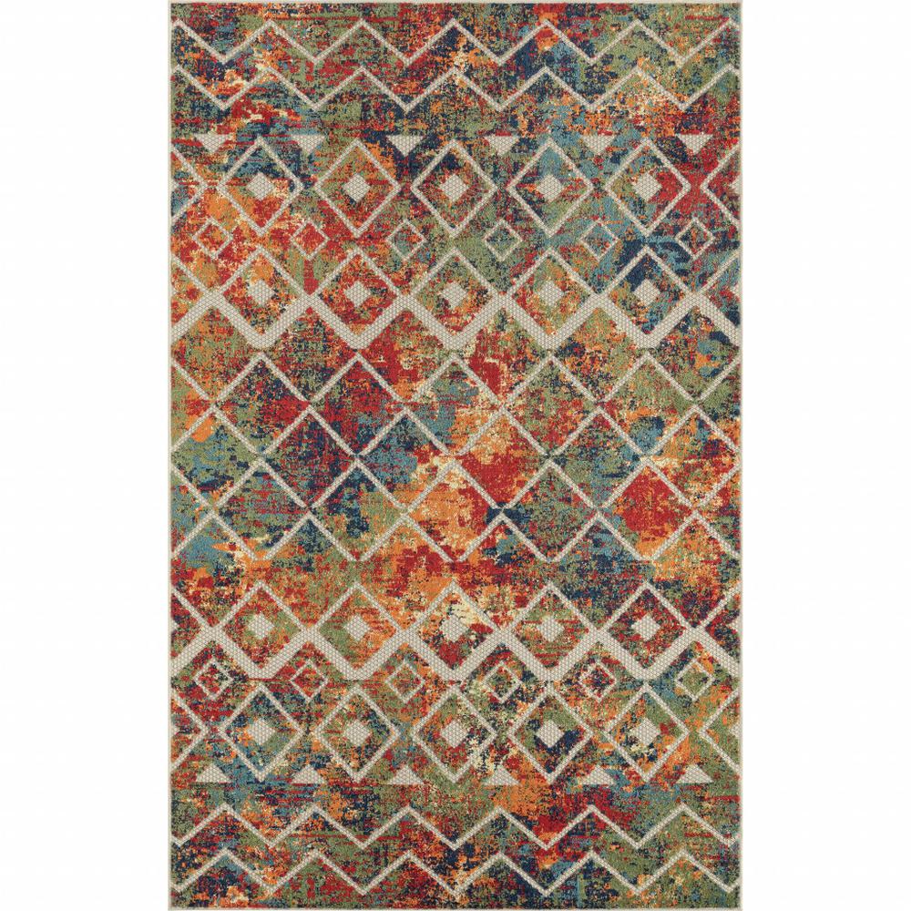 4' X 6' Red And Ivory Geometric Non Skid Indoor Outdoor Area Rug. Picture 1