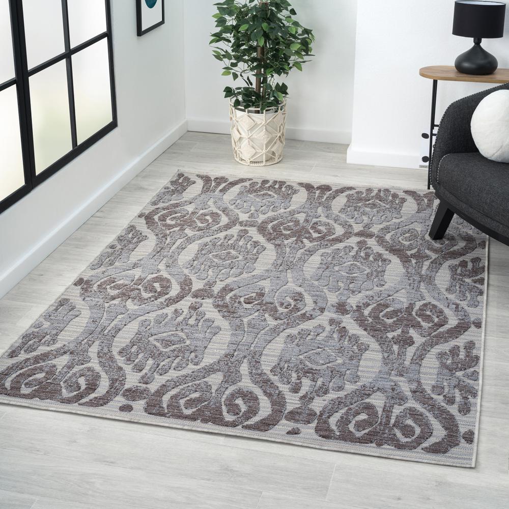 8' X 9' Blue And Gray Damask Indoor Outdoor Area Rug. Picture 5