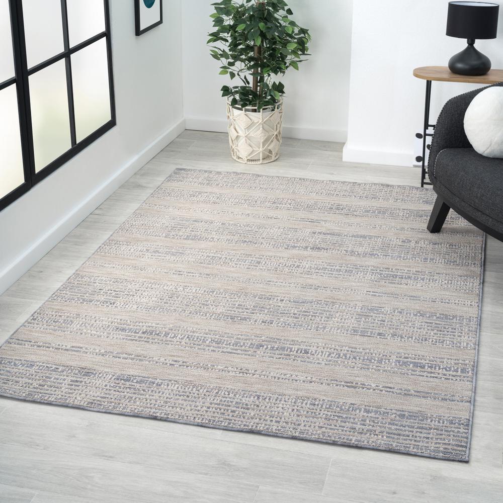8' X 9' Ivory And Blue Striped Indoor Outdoor Area Rug. Picture 6