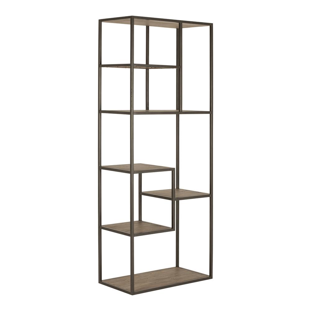 79" Reclaimed Wood and Metal Seven Tier Asymmetrical Bookcase. Picture 1