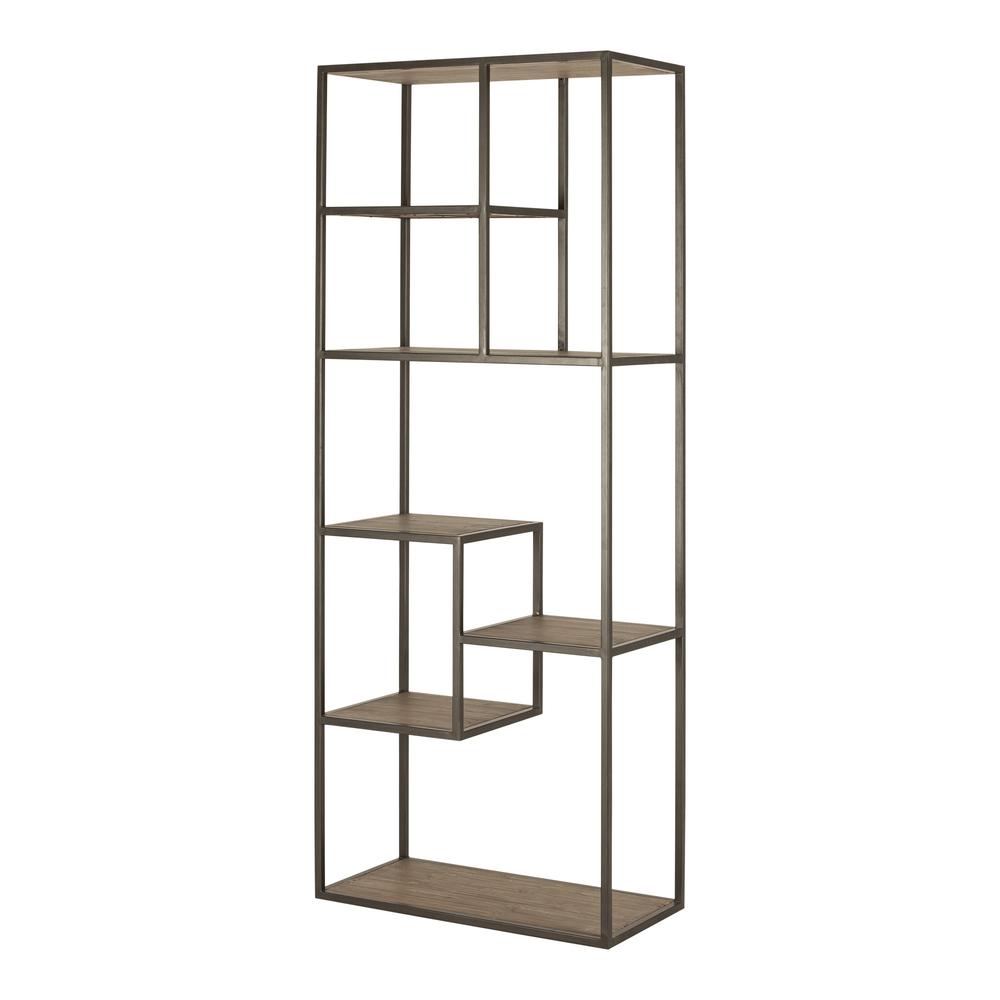 79" Reclaimed Wood and Metal Seven Tier Asymmetrical Bookcase. Picture 5