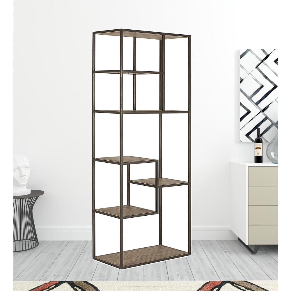 79" Reclaimed Wood and Metal Seven Tier Asymmetrical Bookcase. Picture 4