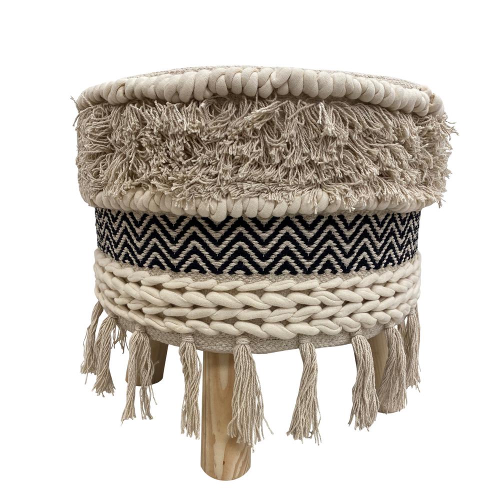 16" Beige And Black Cotton And Natural Round Chevron Ottoman. Picture 1
