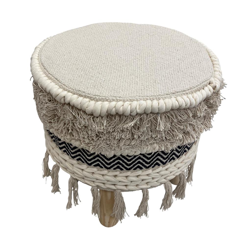 16" Beige And Black Cotton And Natural Round Chevron Ottoman. Picture 2