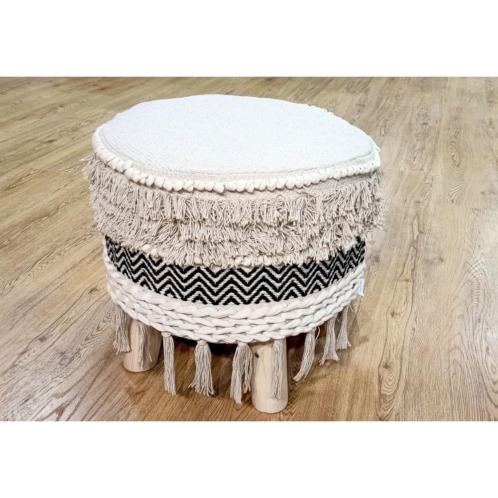 16" Beige And Black Cotton And Natural Round Chevron Ottoman. Picture 5