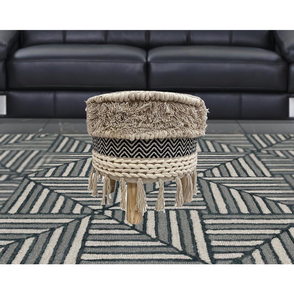 16" Beige And Black Cotton And Natural Round Chevron Ottoman. Picture 4