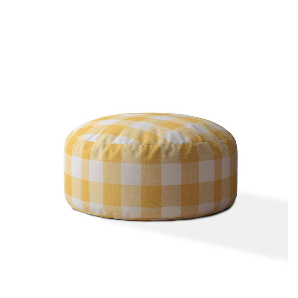 24" Yellow And White Canvas Round Gingham Pouf Ottoman. Picture 1