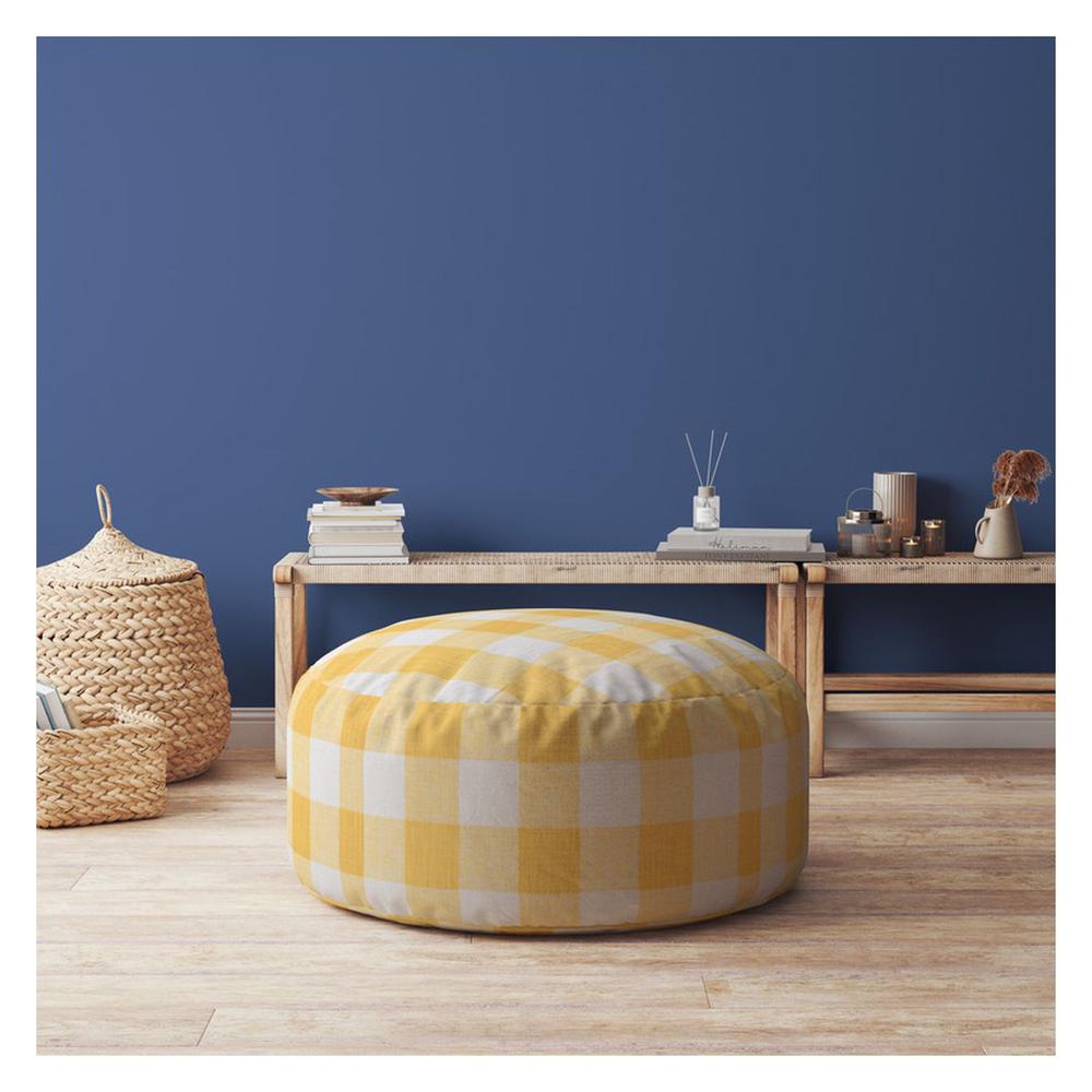 24" Yellow And White Canvas Round Gingham Pouf Ottoman. Picture 4