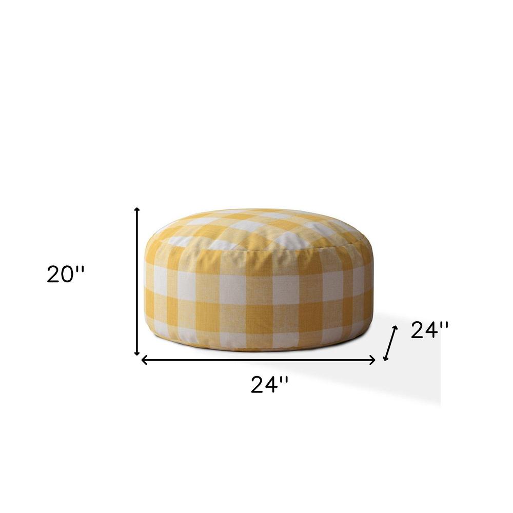 24" Yellow And White Canvas Round Gingham Pouf Ottoman. Picture 5