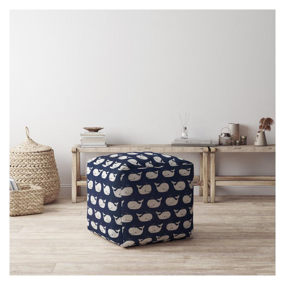 17" Blue And White Twill Animal Print Pouf Ottoman. Picture 4