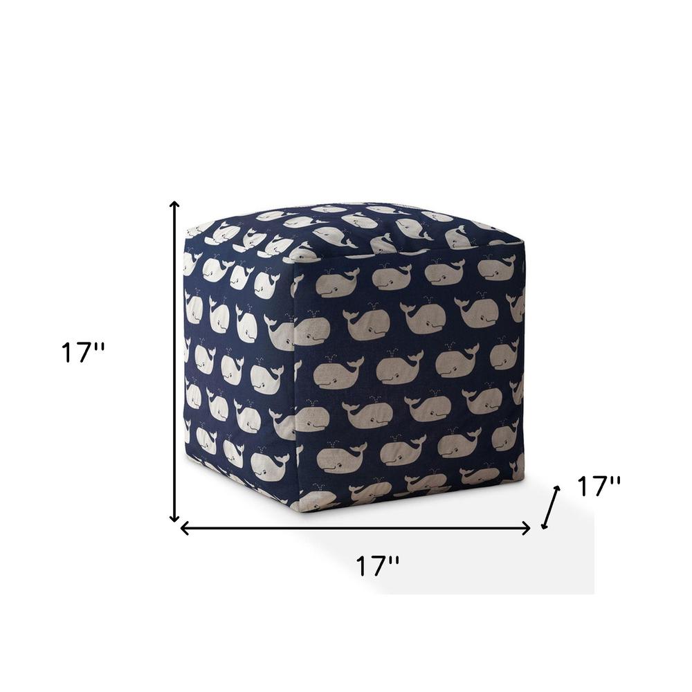 17" Blue And White Twill Animal Print Pouf Ottoman. Picture 5