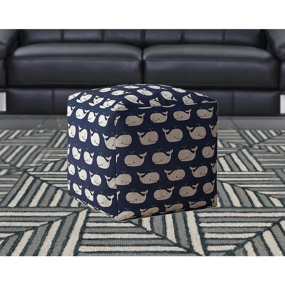 17" Blue And White Twill Animal Print Pouf Ottoman. Picture 2