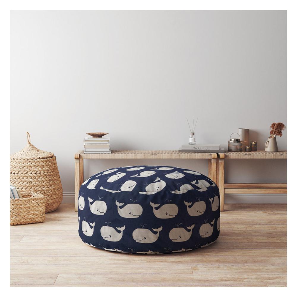 24" Blue And White Twill Round Animal Print Pouf Ottoman. Picture 4