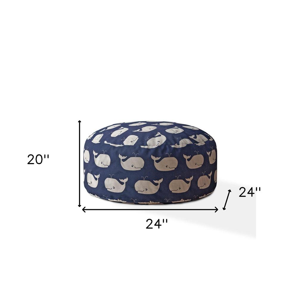 24" Blue And White Twill Round Animal Print Pouf Ottoman. Picture 5