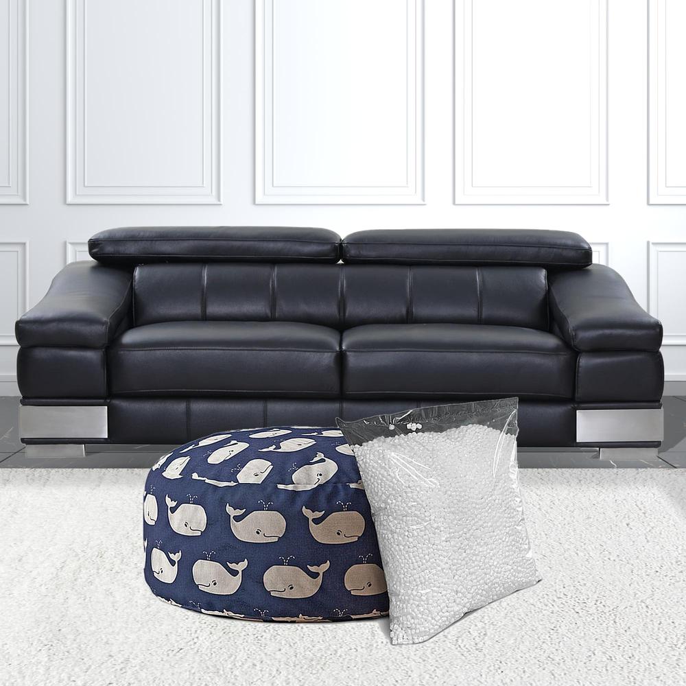 24" Blue And White Twill Round Animal Print Pouf Ottoman. Picture 3