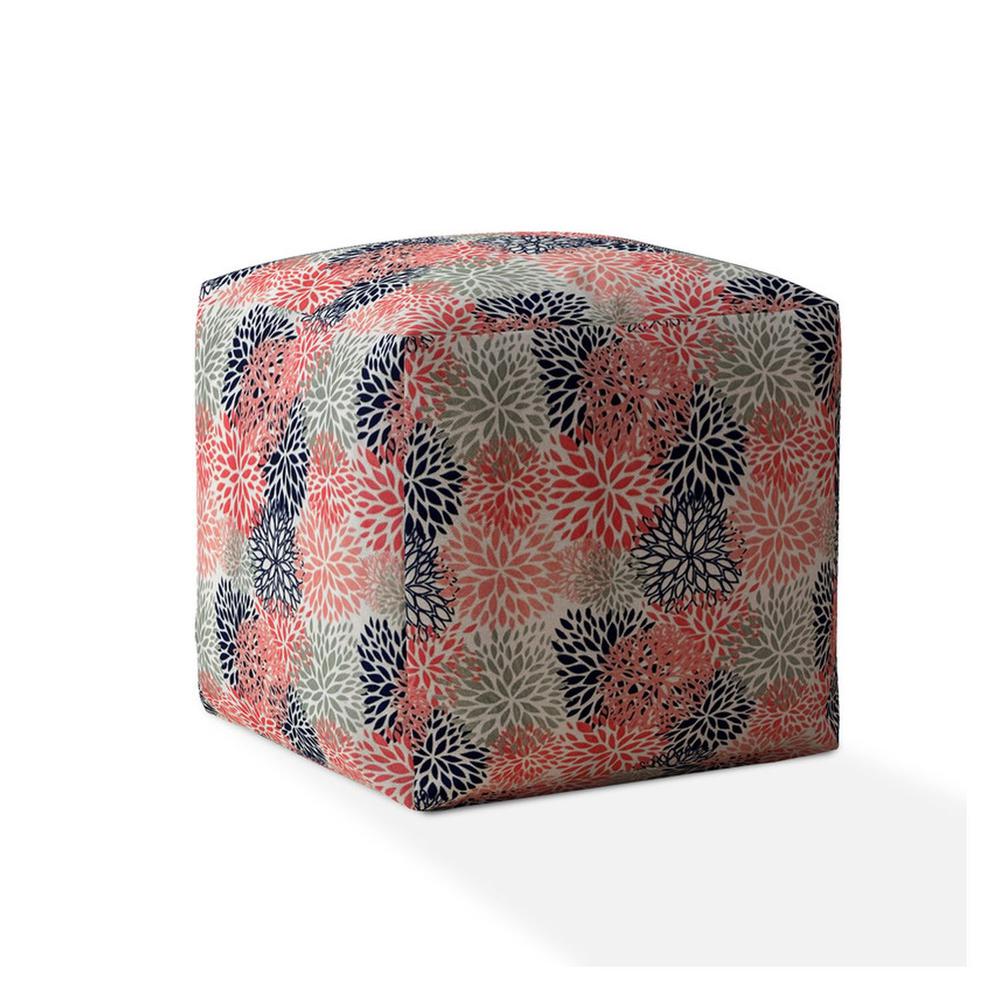 17" Coral Polyester Floral Pouf Ottoman. Picture 1