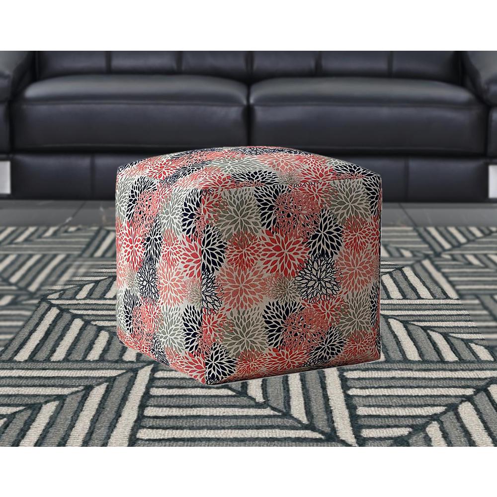 17" Coral Polyester Floral Pouf Ottoman. Picture 2