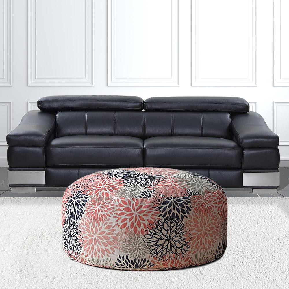 24" Coral Polyester Round Floral Pouf Ottoman. Picture 2
