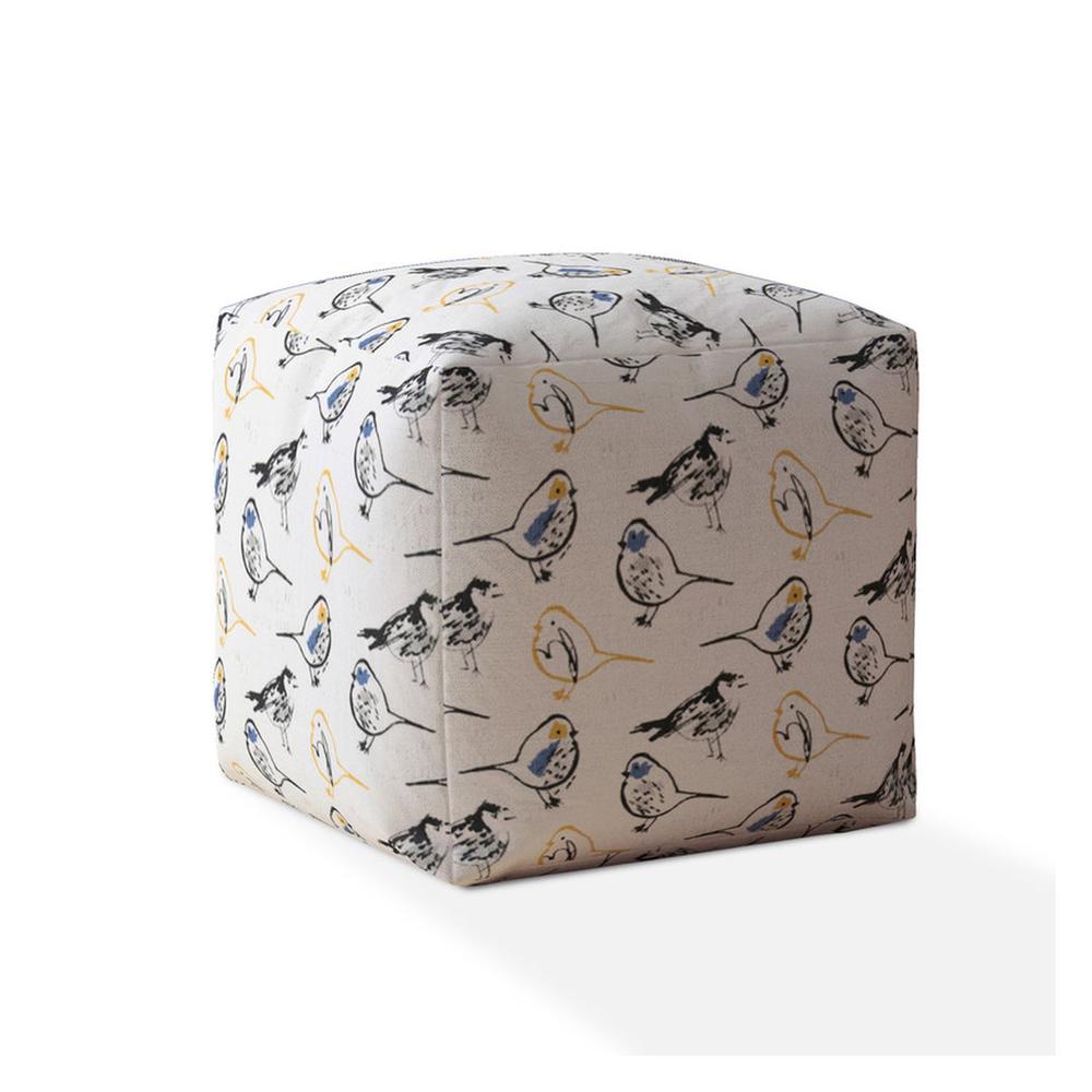 17" Yellow And White Canvas Birds Pouf Ottoman. Picture 1