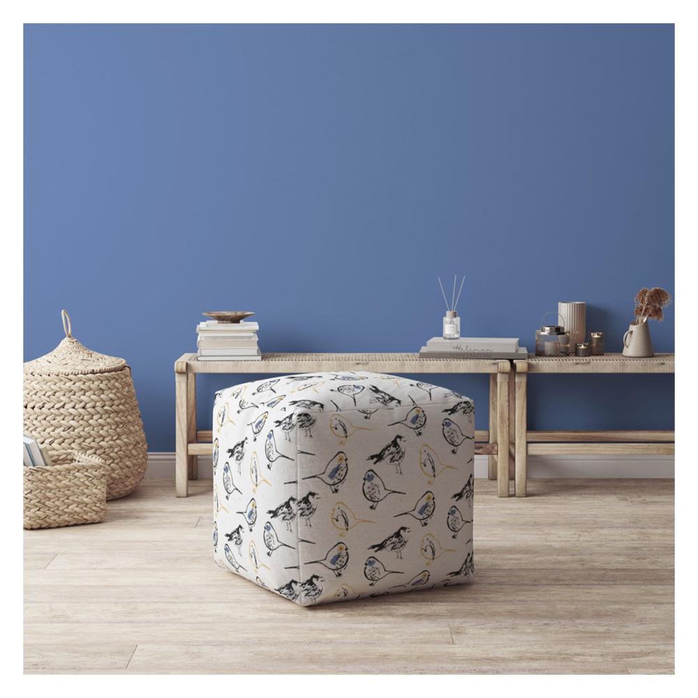 17" Yellow And White Canvas Birds Pouf Ottoman. Picture 4