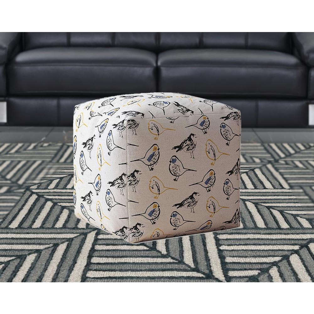 17" Yellow And White Canvas Birds Pouf Ottoman. Picture 2