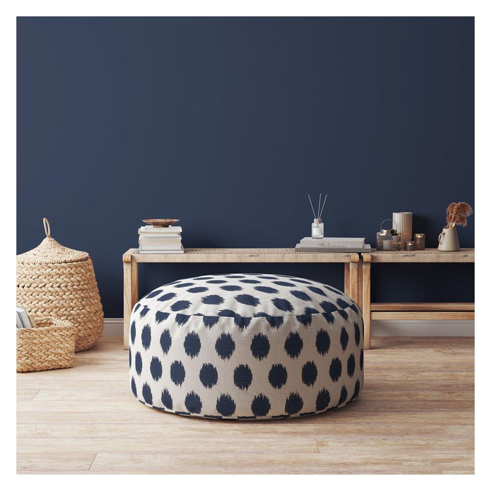 24" Blue And White Canvas Round Polka Dots Pouf Ottoman. Picture 4