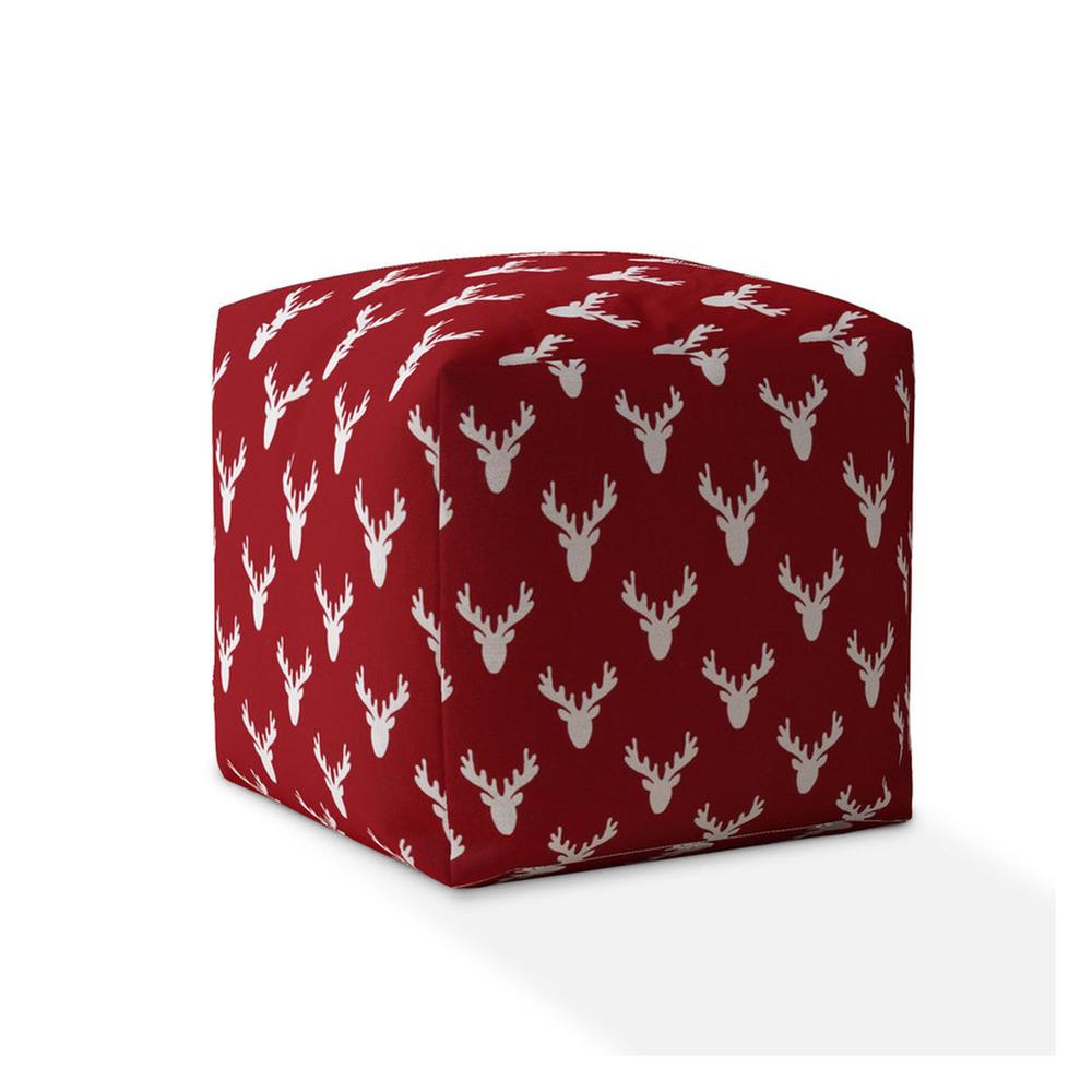 17" Red And White Cotton Stag Pouf Ottoman. Picture 1