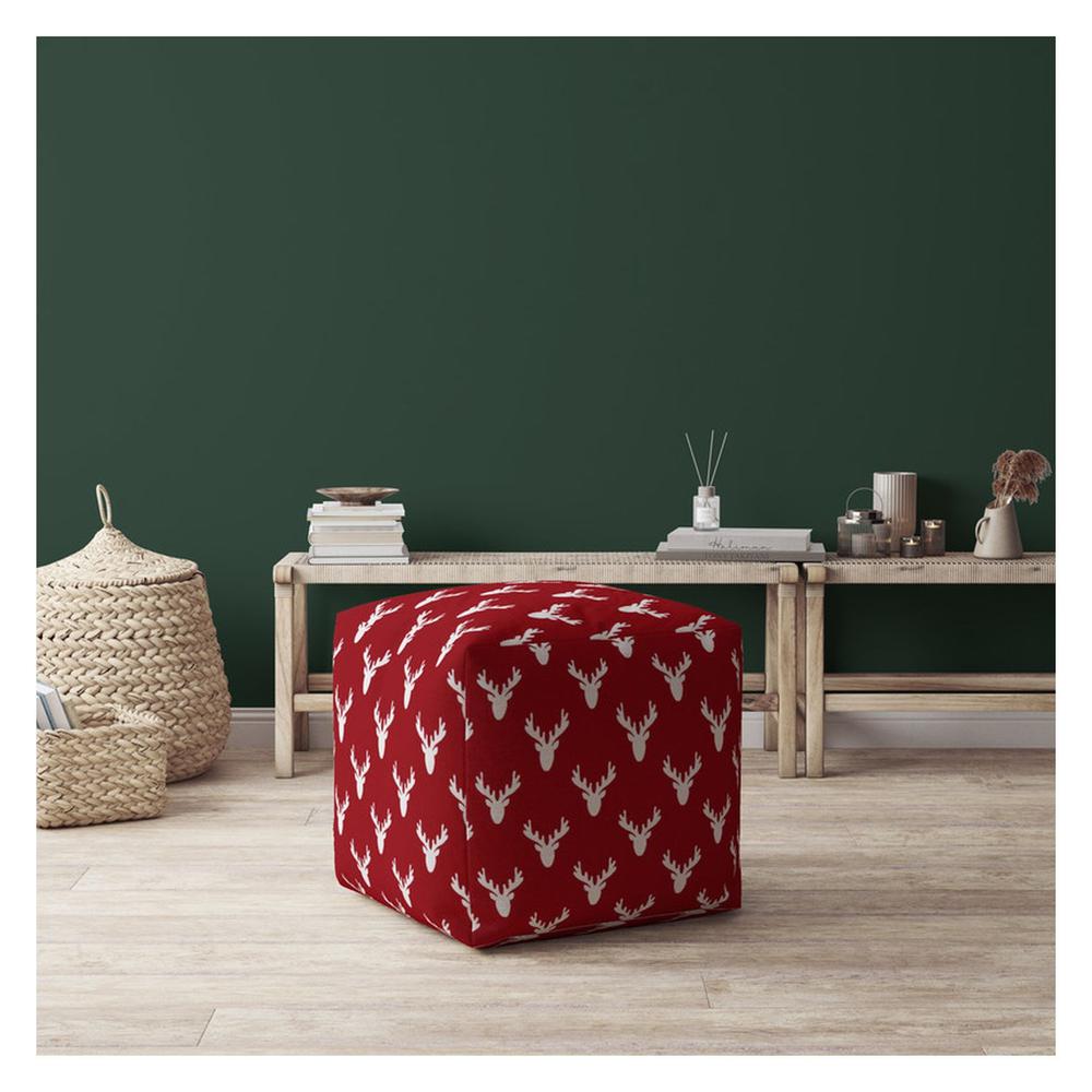 17" Red And White Cotton Stag Pouf Ottoman. Picture 4