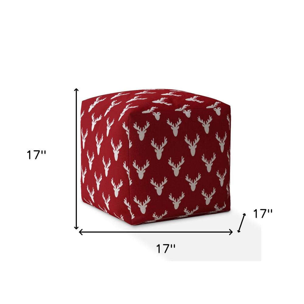 17" Red And White Cotton Stag Pouf Ottoman. Picture 5
