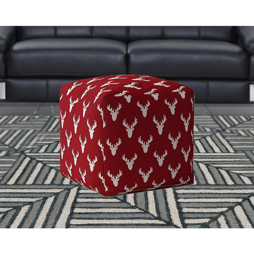 17" Red And White Cotton Stag Pouf Ottoman. Picture 2