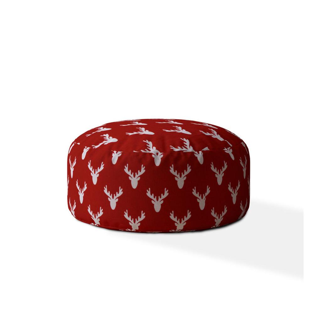 24" Red And White Cotton Round Stag Pouf Ottoman. Picture 1