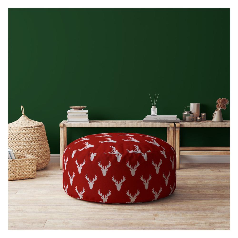 24" Red And White Cotton Round Stag Pouf Ottoman. Picture 4