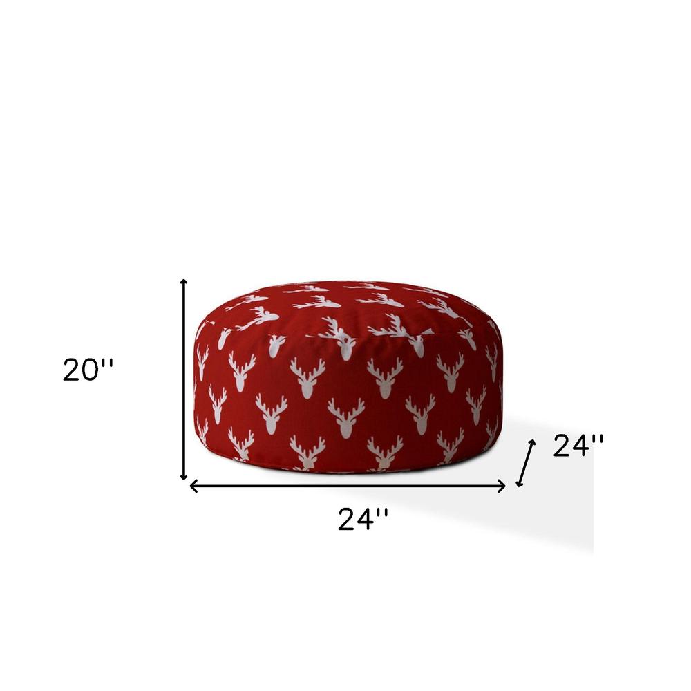 24" Red And White Cotton Round Stag Pouf Ottoman. Picture 5