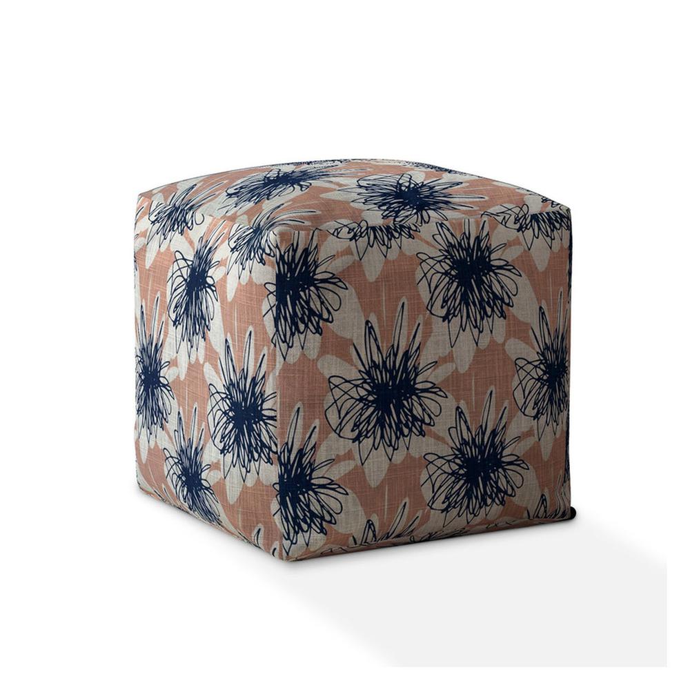 17" Pink And Blue Canvas Floral Pouf Ottoman. Picture 1