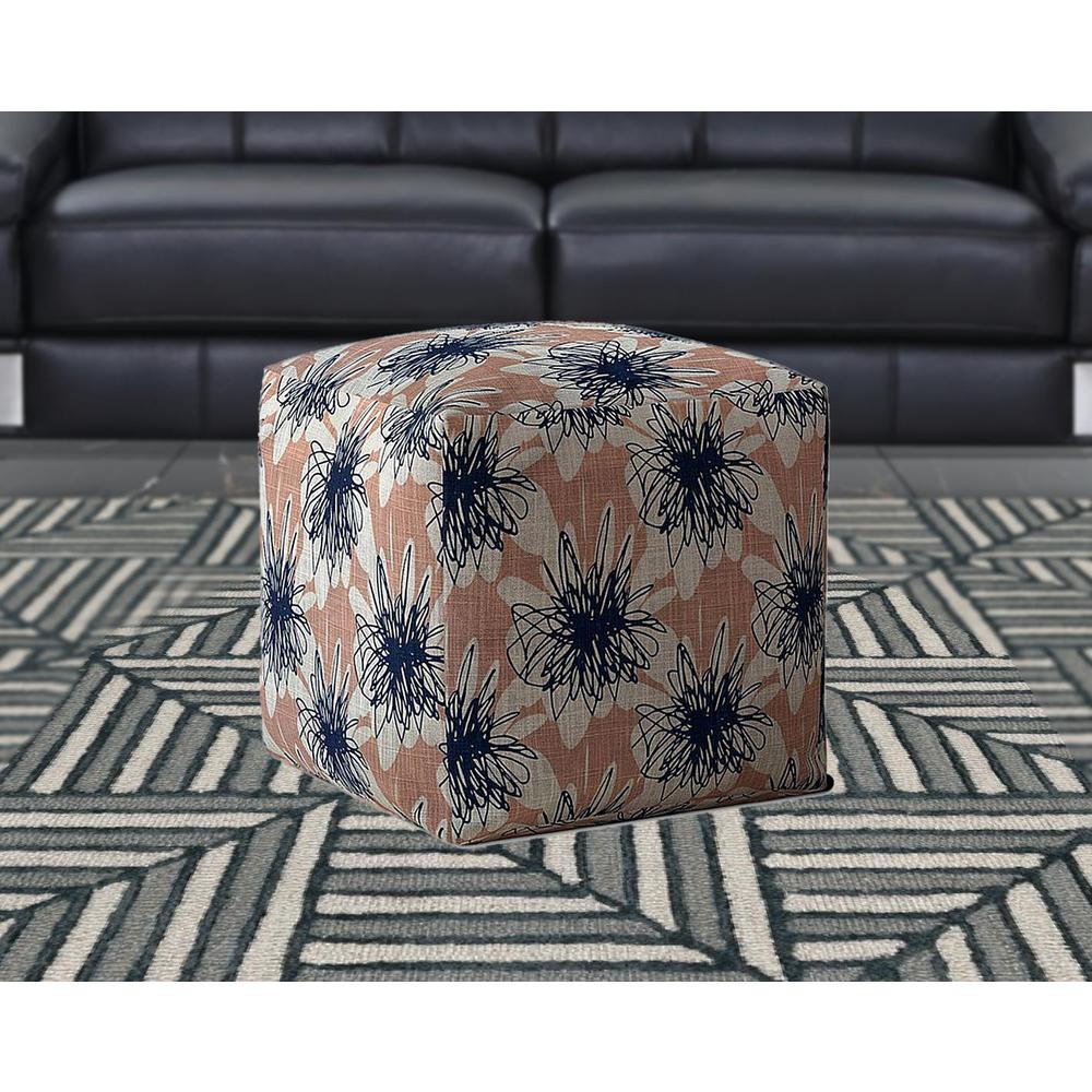 17" Pink And Blue Canvas Floral Pouf Ottoman. Picture 2