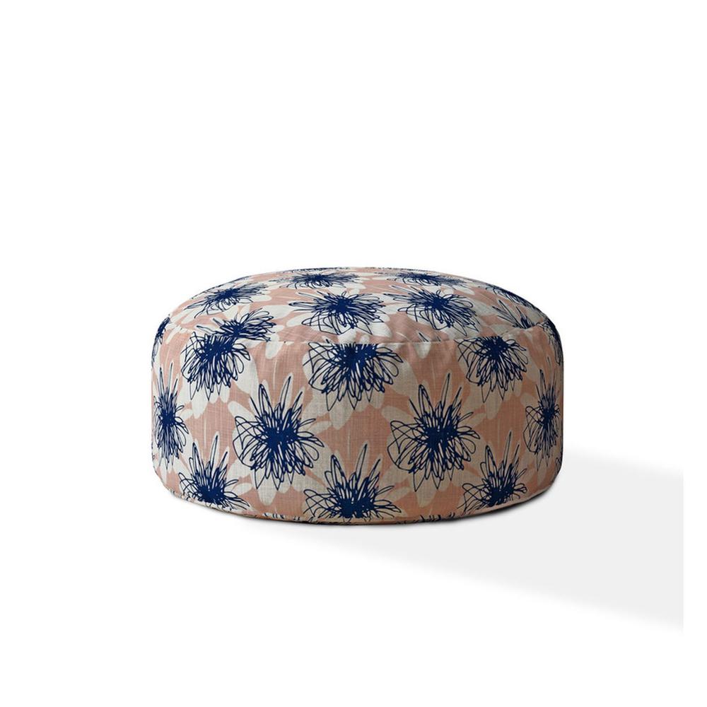 24" Pink And Blue Canvas Round Floral Pouf Ottoman. Picture 1