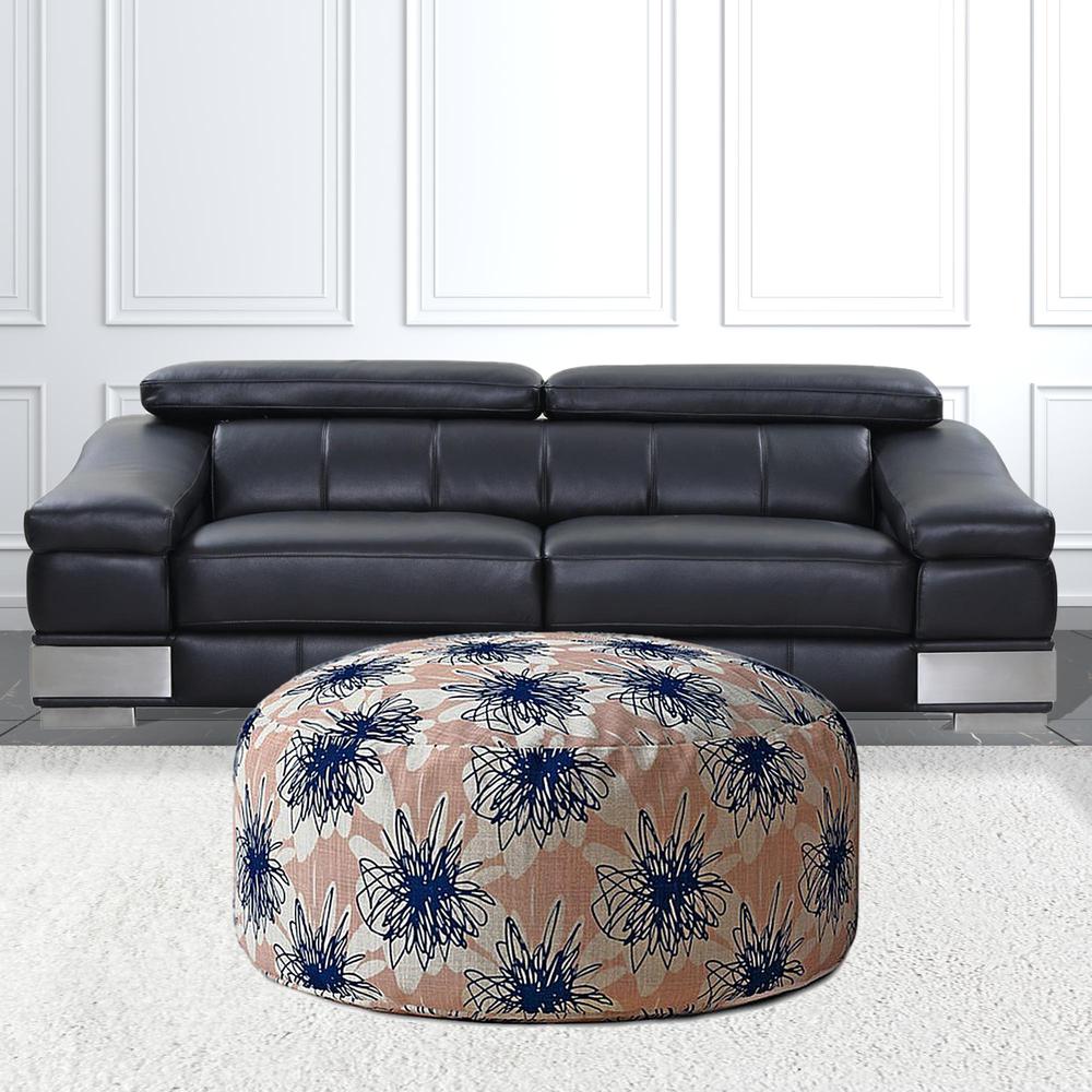 24" Pink And Blue Canvas Round Floral Pouf Ottoman. Picture 2