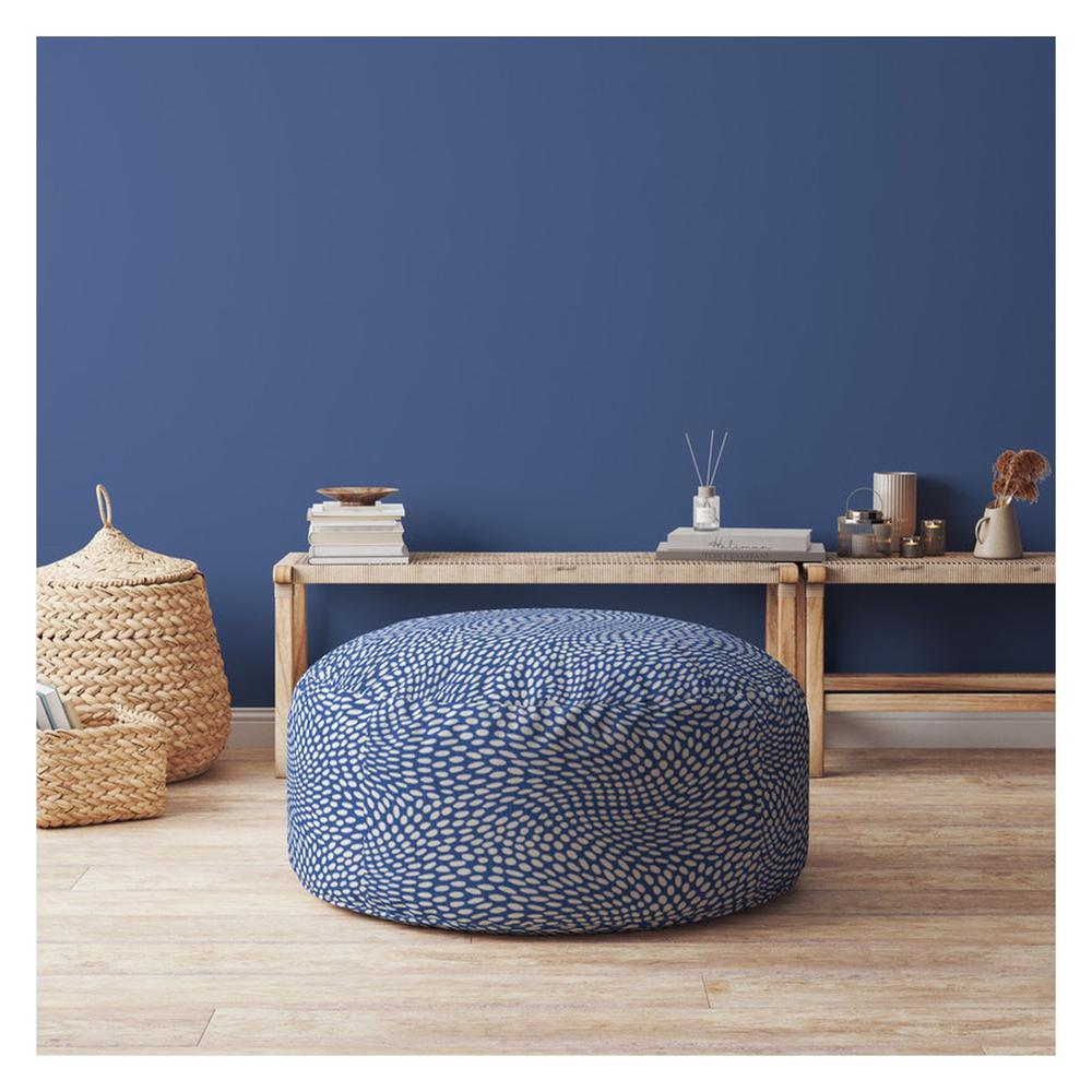 24" Blue And White Canvas Round Polka Dots Pouf Ottoman. Picture 4