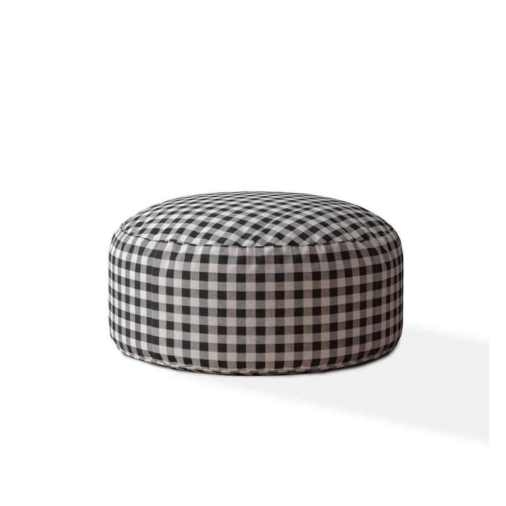 24" Gray And Black Cotton Round Gingham Pouf Ottoman. Picture 1