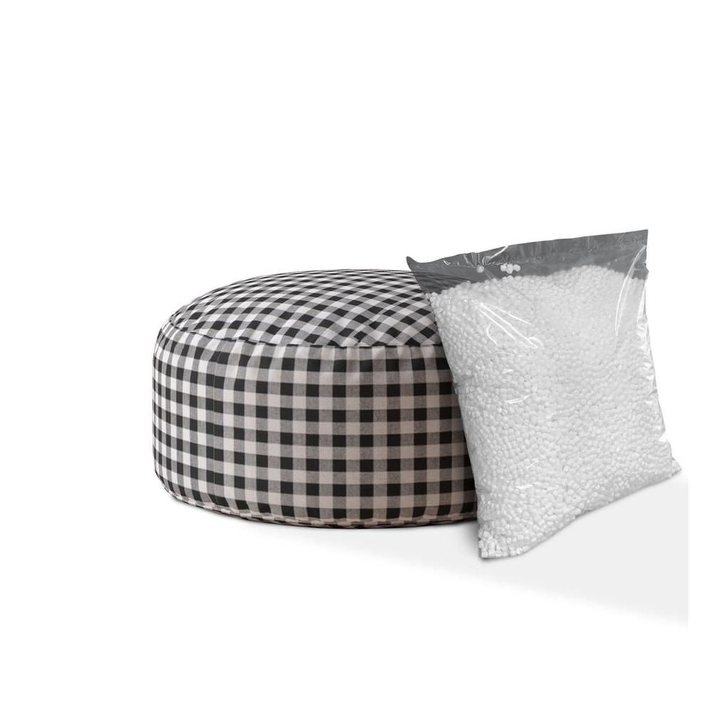 24" Gray And Black Cotton Round Gingham Pouf Ottoman. Picture 2