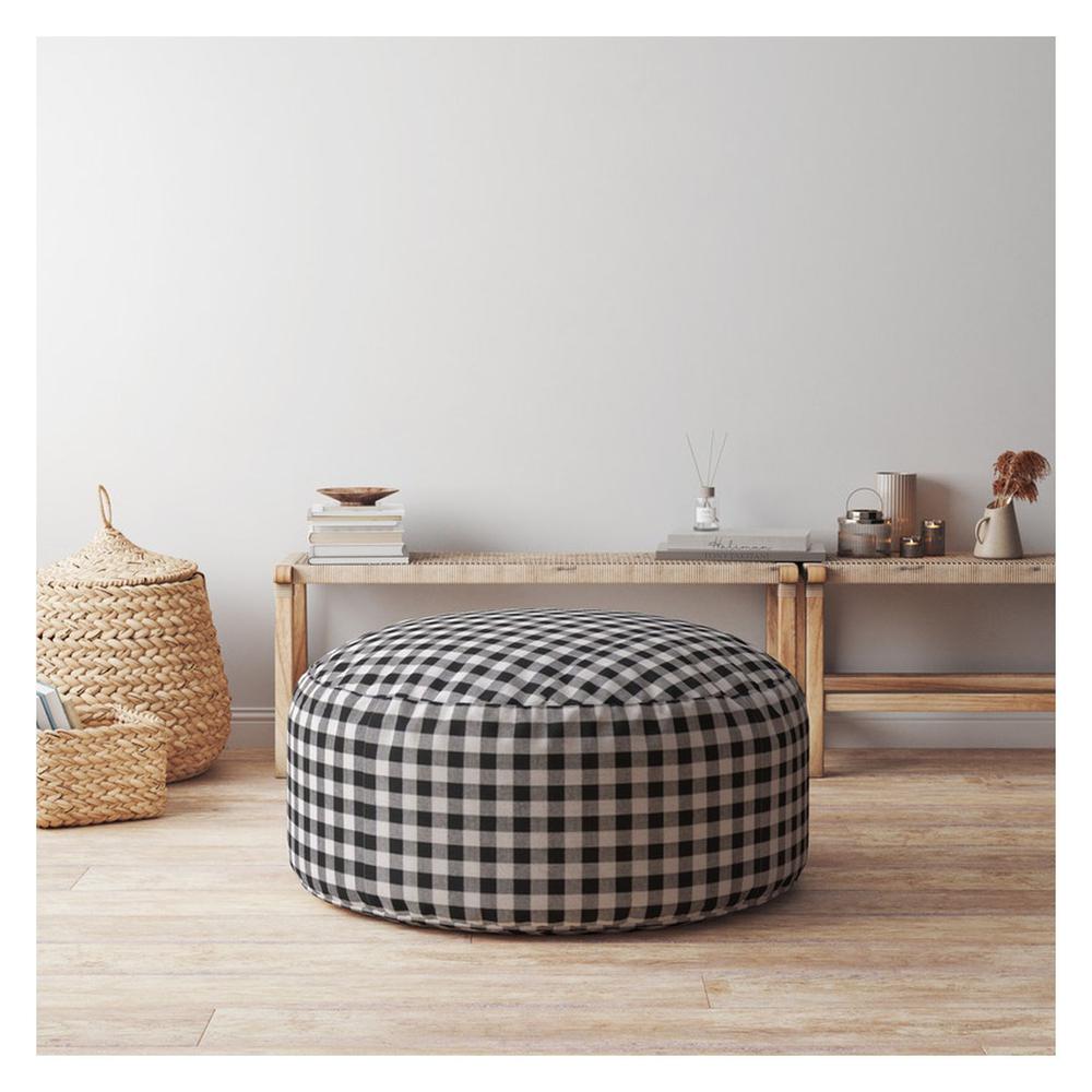 24" Gray And Black Cotton Round Gingham Pouf Ottoman. Picture 4