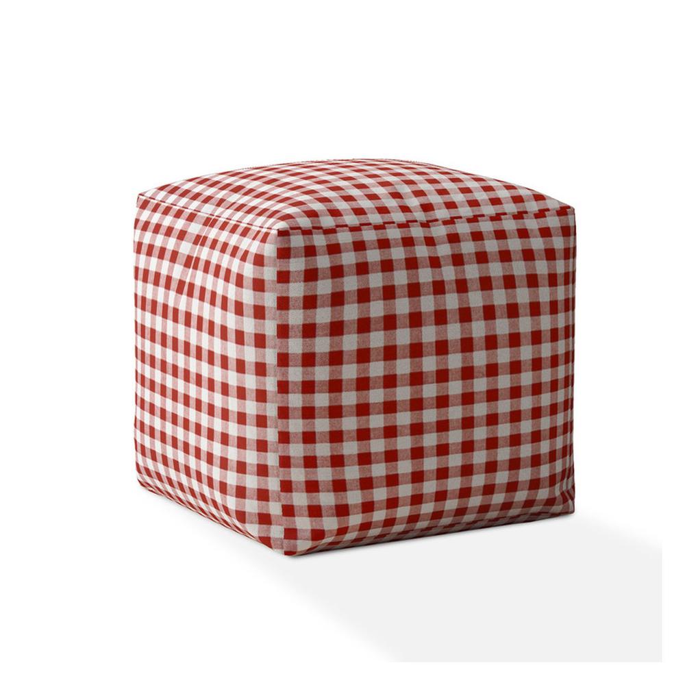 17" Red And White Cotton Gingham Pouf Ottoman. Picture 1