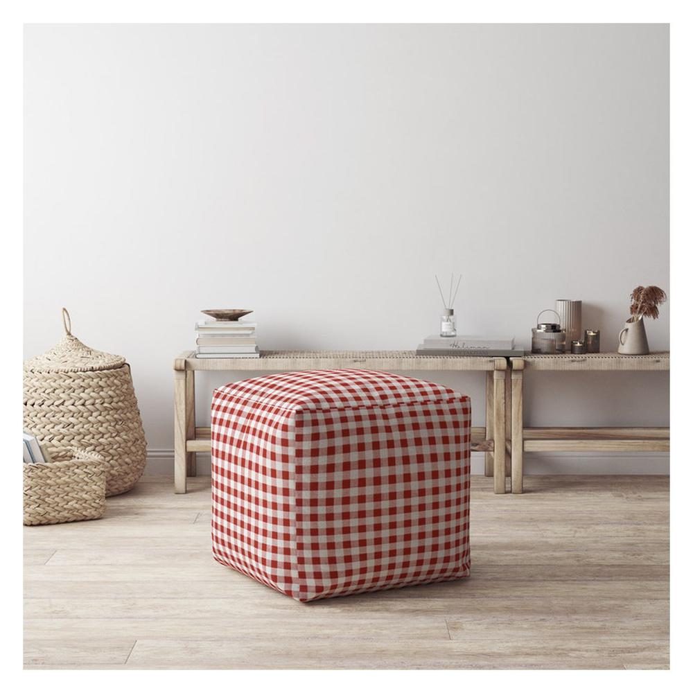 17" Red And White Cotton Gingham Pouf Ottoman. Picture 4