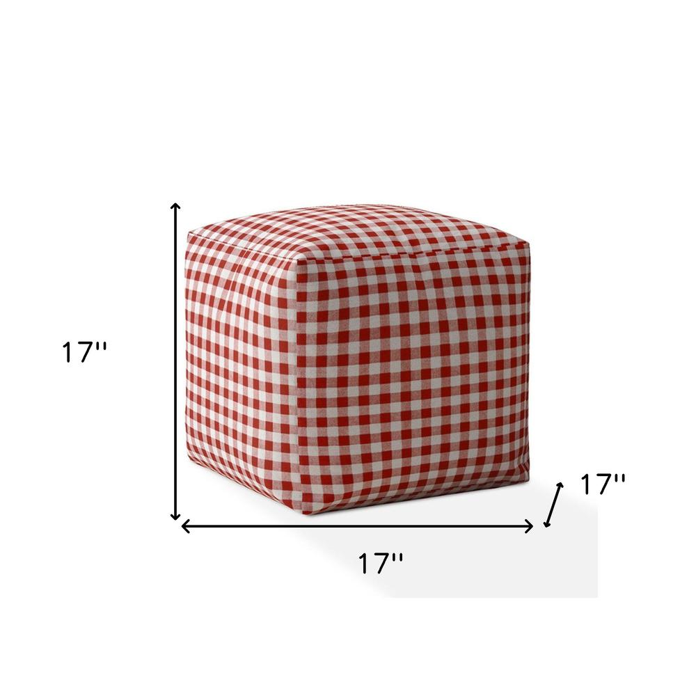 17" Red And White Cotton Gingham Pouf Ottoman. Picture 5