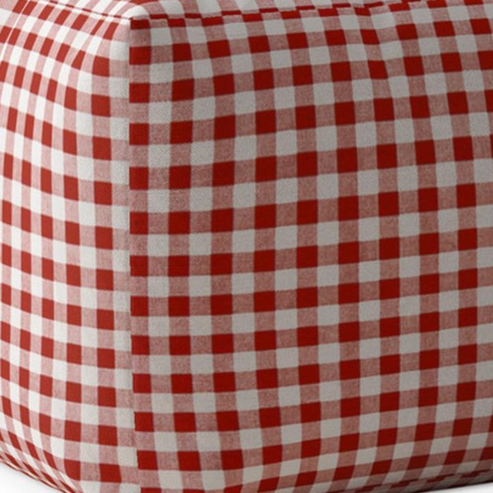 17" Red And White Cotton Gingham Pouf Ottoman. Picture 3