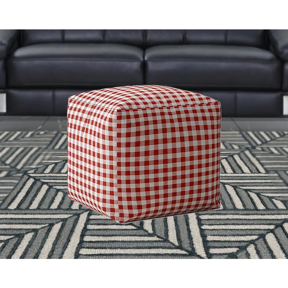17" Red And White Cotton Gingham Pouf Ottoman. Picture 2